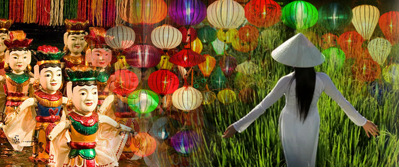 Vietnamese dolls lanterns Aodai